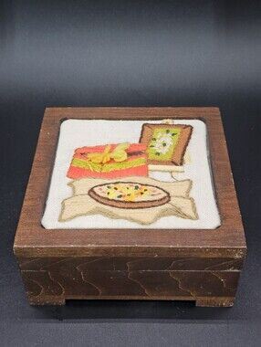 Vintage Embroidered / Crewel Wooden Jewelry Box with Sewing Motif